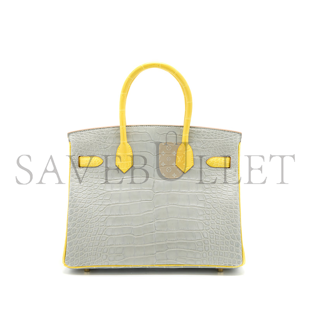 HERMÈS MASTER BIRKIN 25 CROCODILE LEATHER PEARL GREY AND YELLOW BAG GOLD BUCKLE H041354CK2S (25*20*13cm)